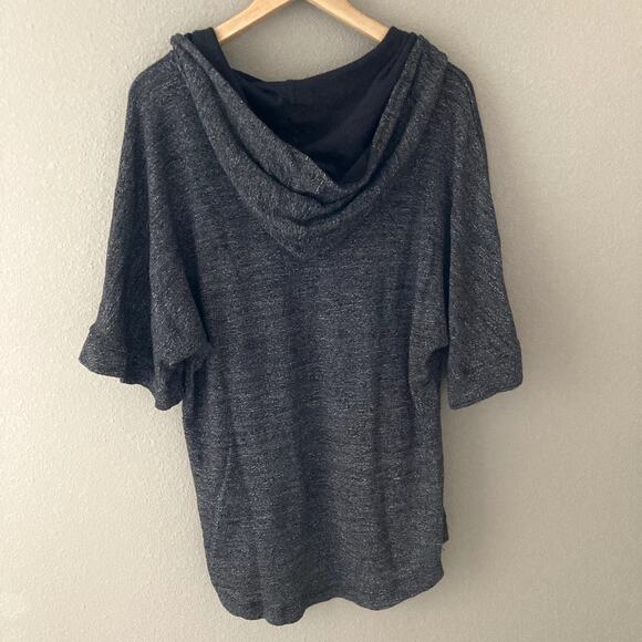 Three Dots Marled Knit Hoodie - Boxy Short Sleeves - Black.- Small - Picture 4 of 7